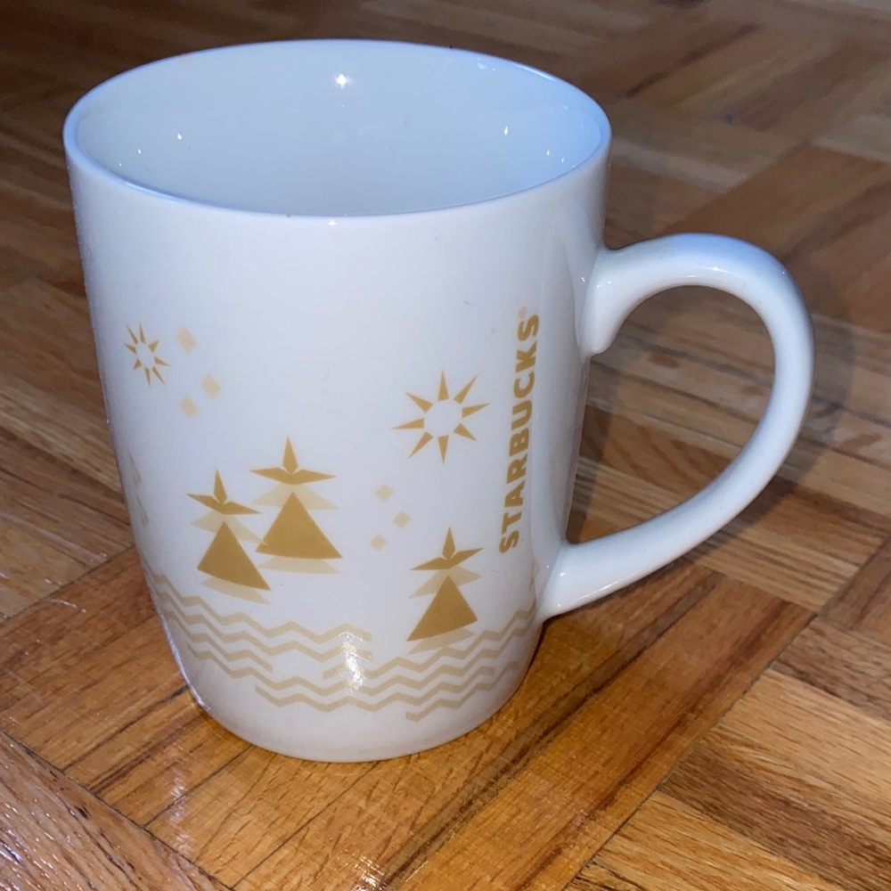 Starbucks Festive Christmas White Gold Mug cip coffee/tea trees, 2013, 11 oz